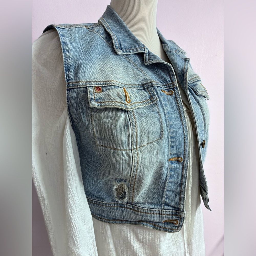 Women’s Distressed Cropped Denim Vest, L,  Blue, Upcycled/Sustainable Fashion - Picture 3 of 9